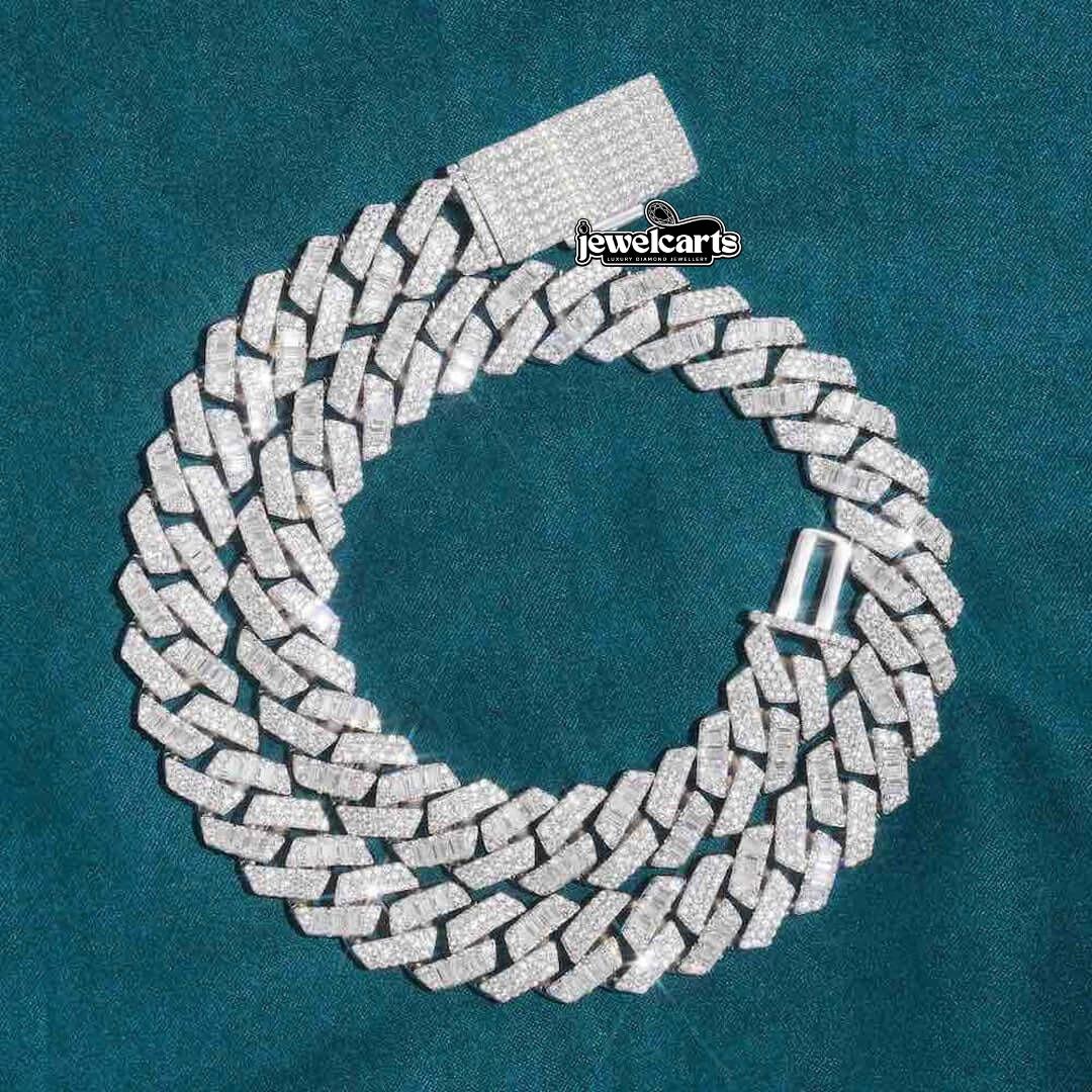 15mm Round Moissanite Cuban Link Chain in 14K White Gold Front View