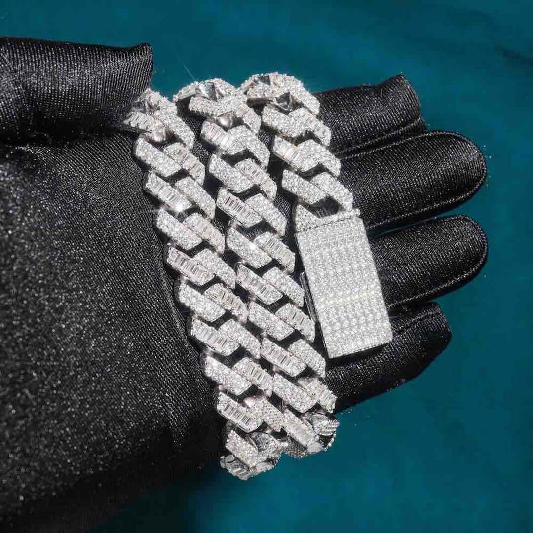 15mm Round Moissanite Cuban Link Chain in 14K White Gold On Hand View