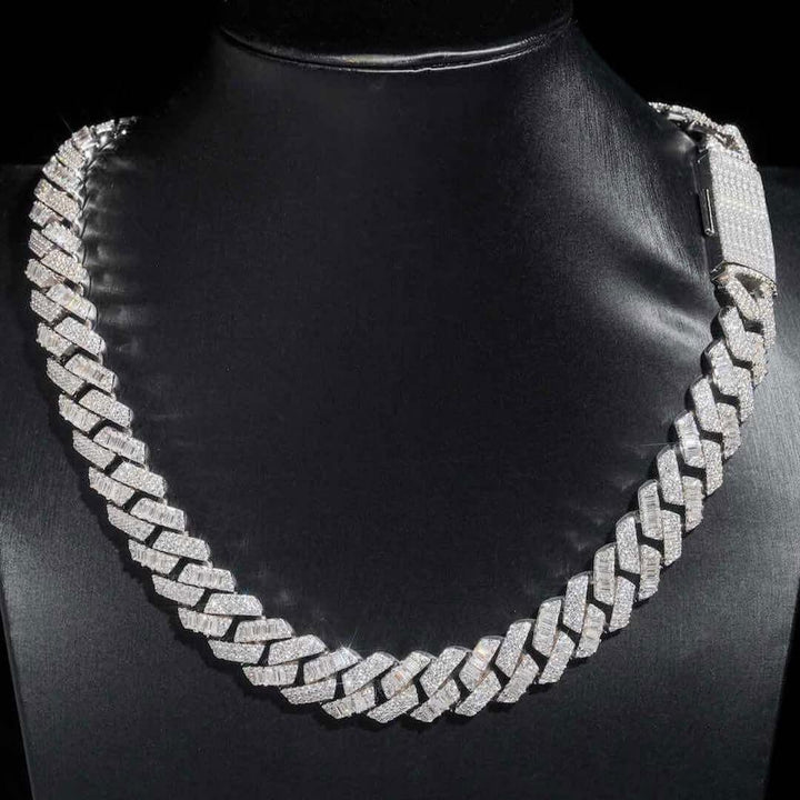 15mm Round Moissanite Cuban Link Chain in 14K White Gold On Neck View 