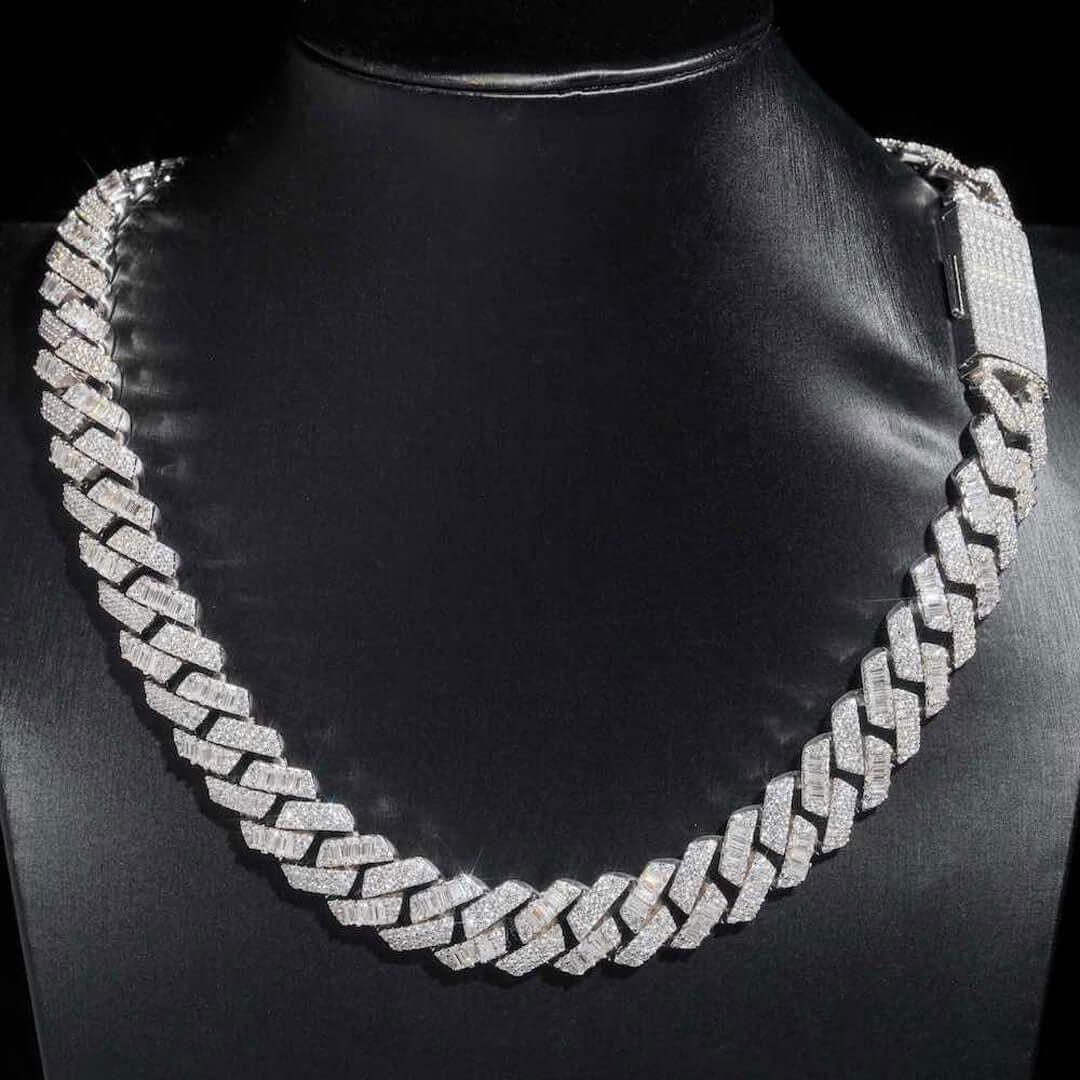 15mm Round Moissanite Cuban Link Chain in 14K White Gold On Neck View 