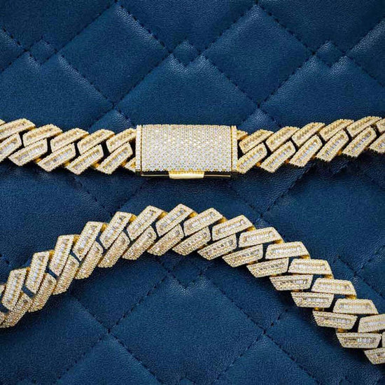 15mm Round Moissanite Cuban Link Chain in 14K Yellow Gold Close Up Clasp View