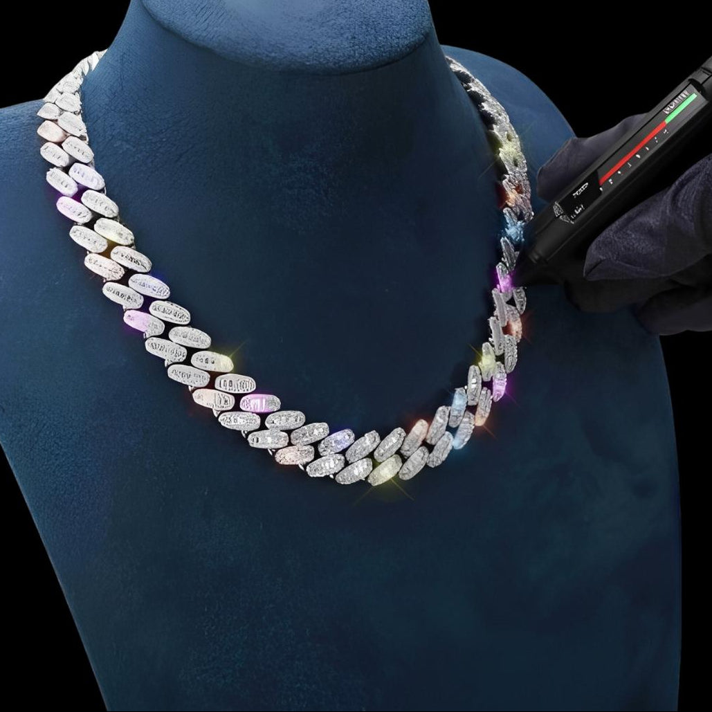 16MM Moissanite Baguette Miami Cuban Chain 14K Gold Diamond Test View