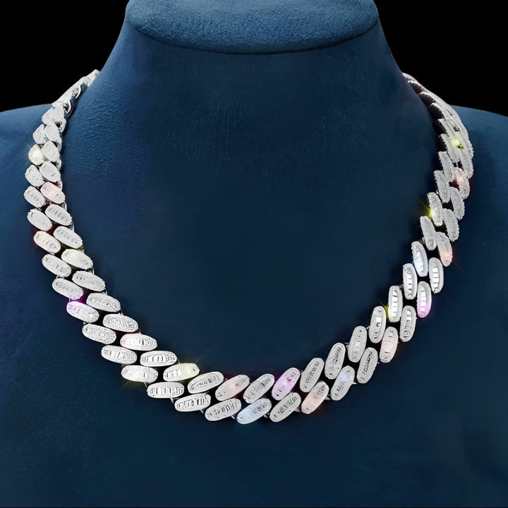 16MM Moissanite Baguette Miami Cuban Chain 14K Gold Necklace Display