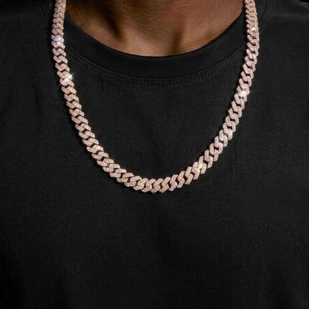 10MM VVS Moissanite Pave Cuban Necklace in 14K Gold