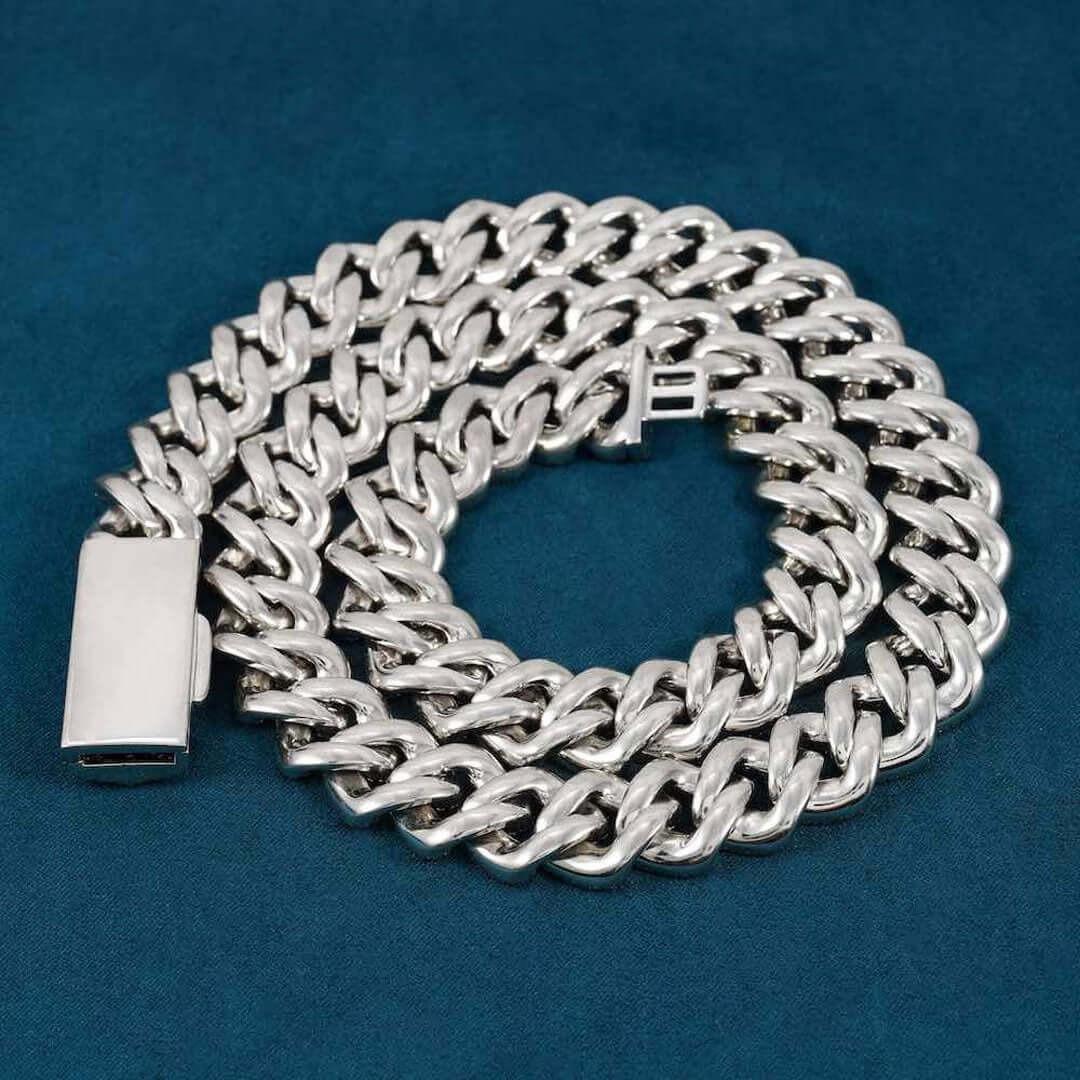 16mm Round Moissanite Cuban Link Chain in 14K White Gold Back Side View