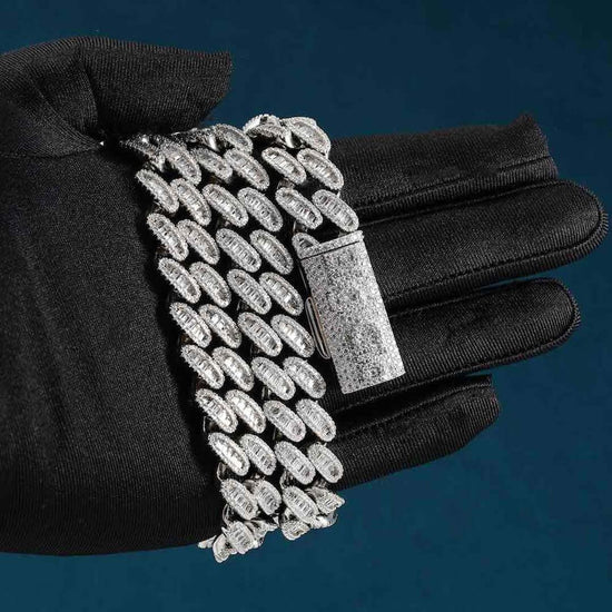 16mm Round Moissanite Cuban Link Chain in 14K White Gold On Hand View