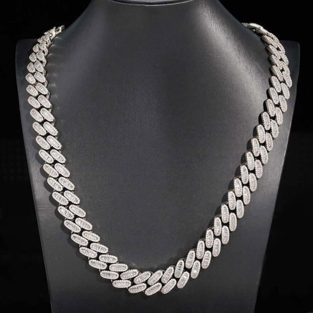 16mm Round Moissanite Cuban Link Chain in 14K White Gold On Neck View 