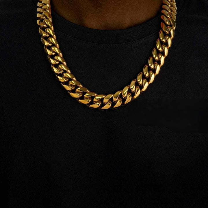 18MM 14K Yellow Gold Cuban Link Chain Neck View 