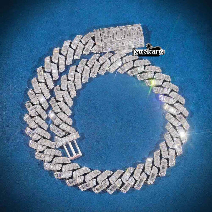 18mm Baguette Moissanite Cuban Link Chain in 14K White Gold Front View