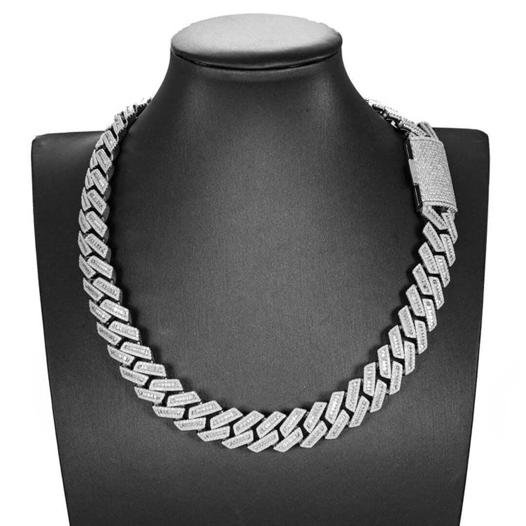 18mm Round Moissanite Cuban Link Chain in 14K Gold Close Up Neck View 