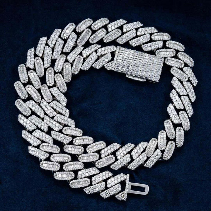 18mm Round Moissanite Cuban Link Chain in 14K White Gold Close Up Front View