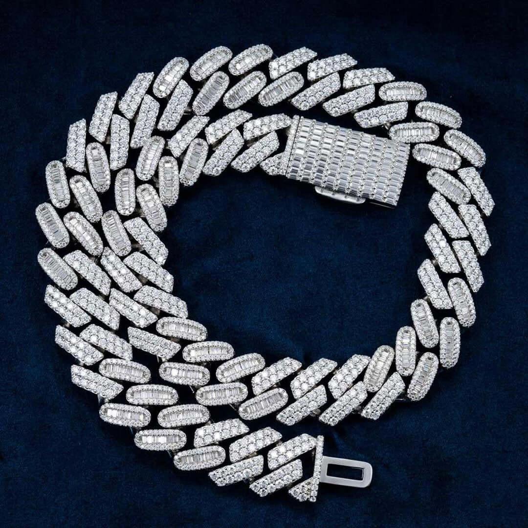 18mm Round Moissanite Cuban Link Chain in 14K White Gold Close Up Front View