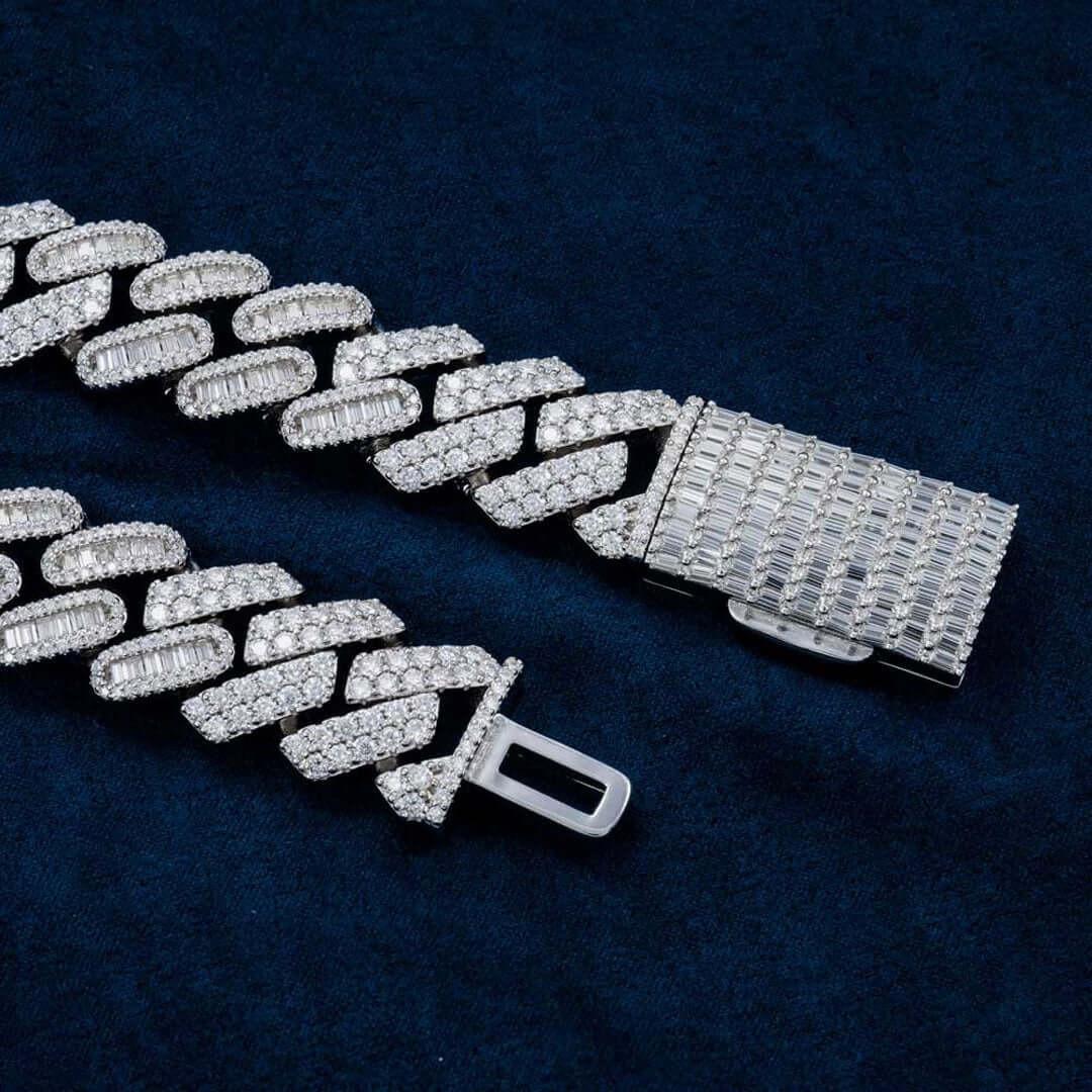 18mm Round Moissanite Cuban Link Chain in 14K White Gold Detailed Clasp View