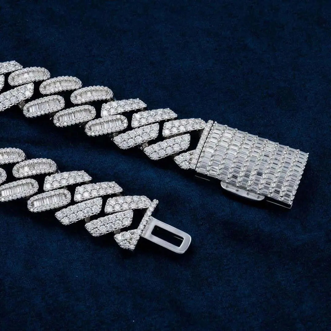 18mm Round Moissanite Cuban Link Chain in 14K White Gold Detailed Clasp View