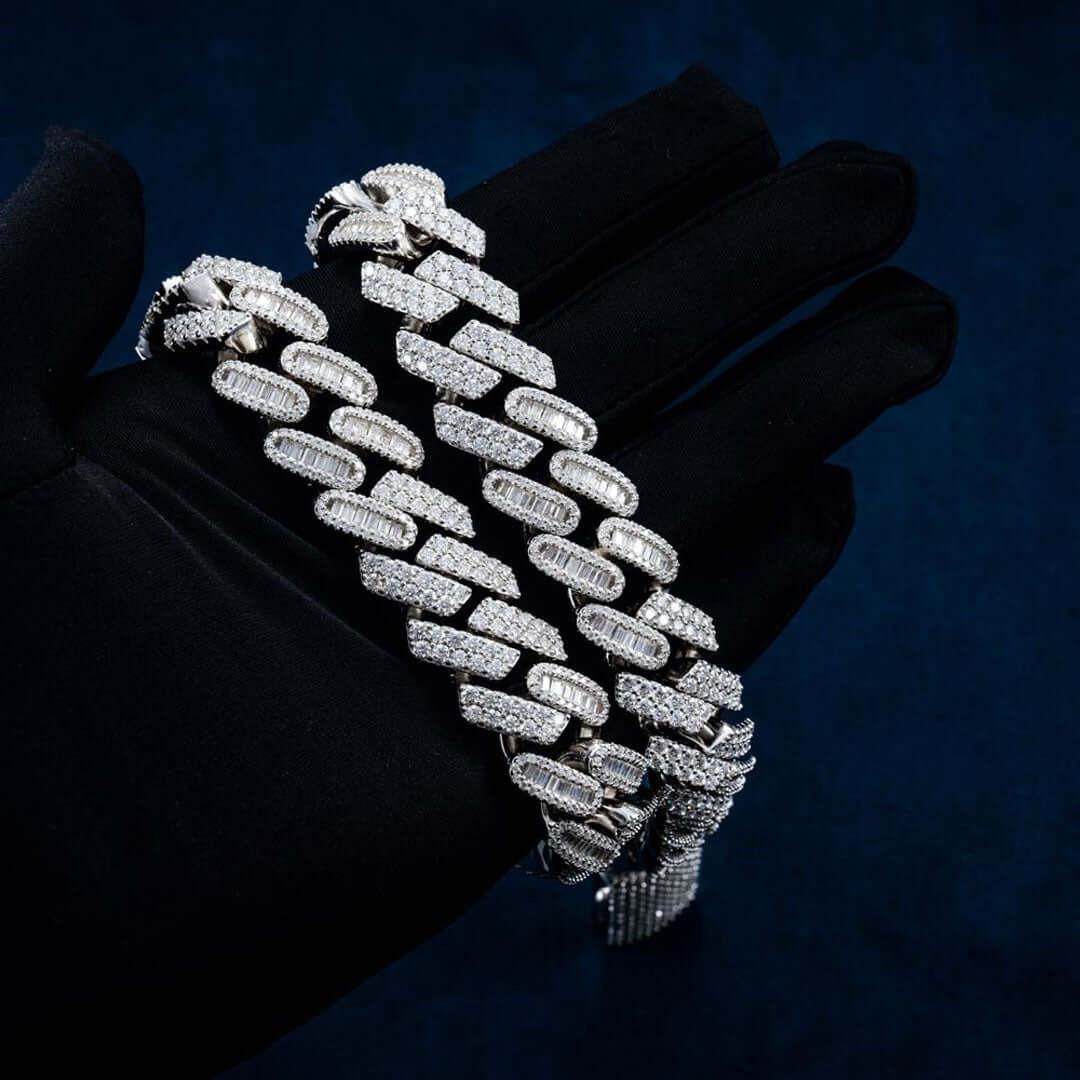 18mm Round Moissanite Cuban Link Chain in 14K White Gold Detailed On Hand View