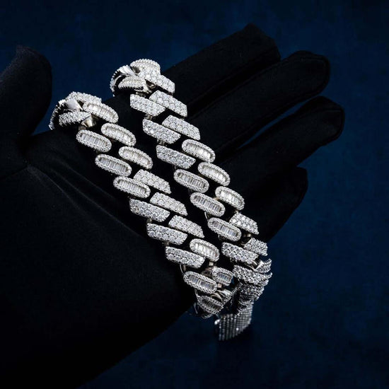 18mm Round Moissanite Cuban Link Chain in 14K White Gold Detailed On Hand View