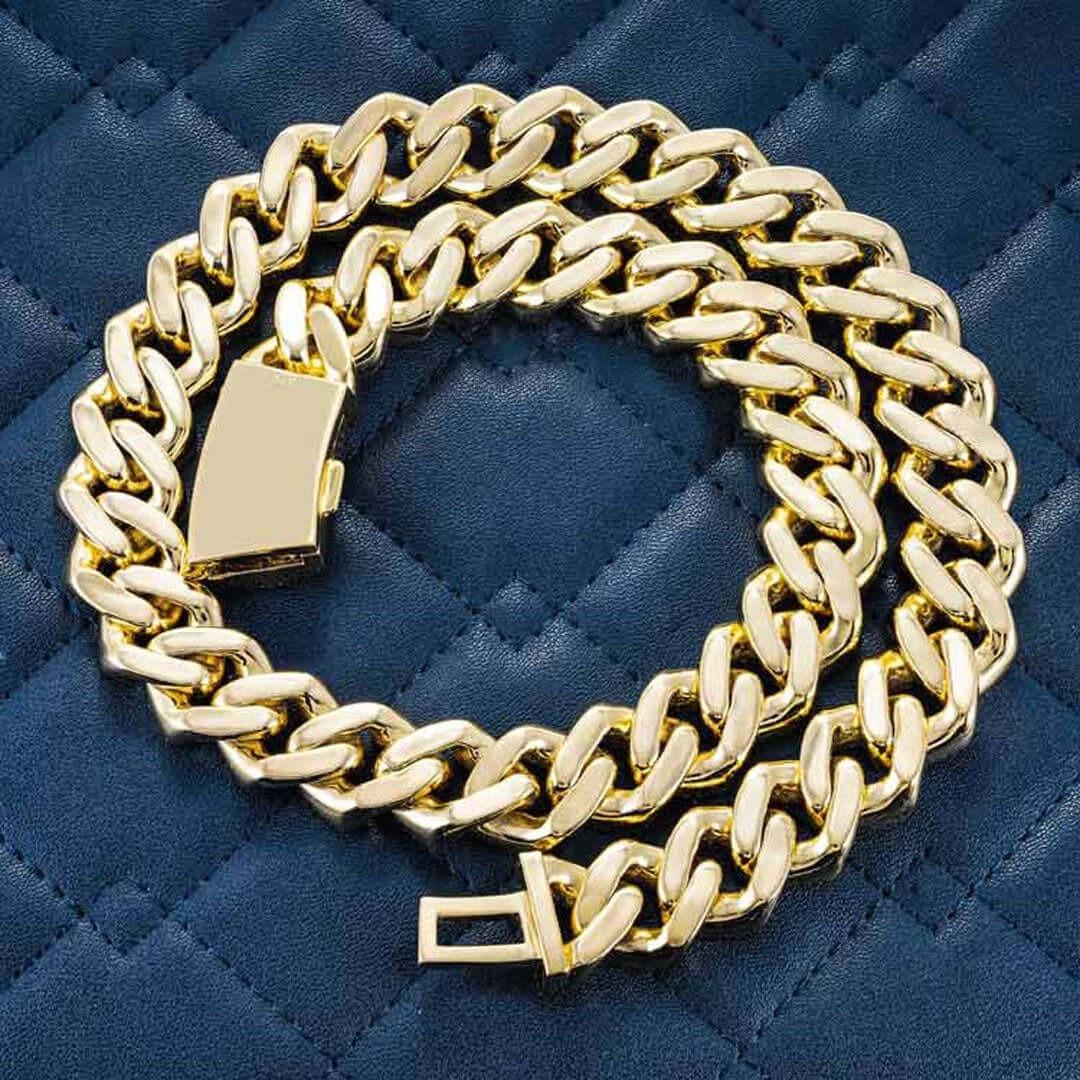 18mm Round Moissanite Cuban Link Chain in 14K Yellow Gold Back Side View