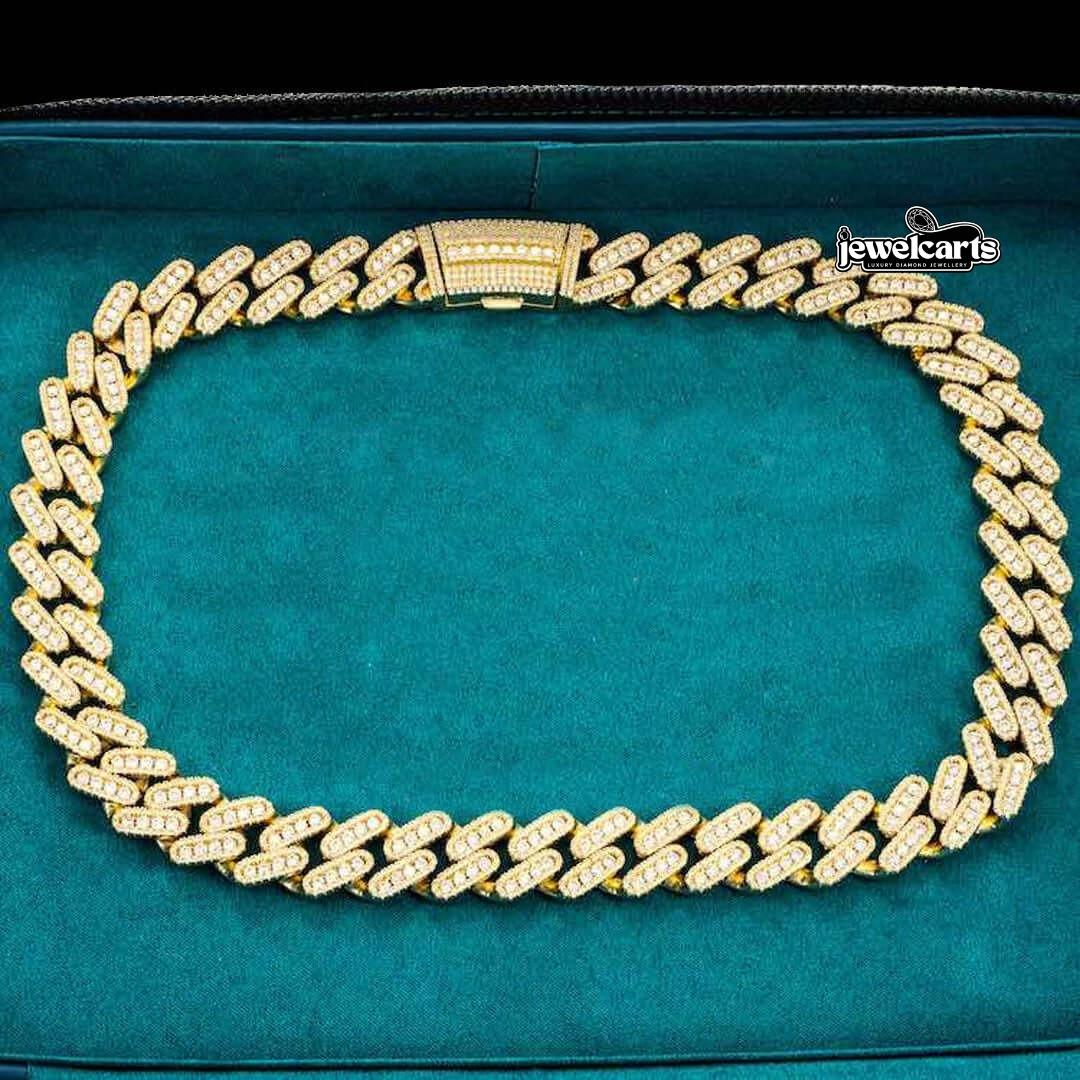 18mm Round Moissanite Cuban Link Chain in 14K Yellow Gold Front View