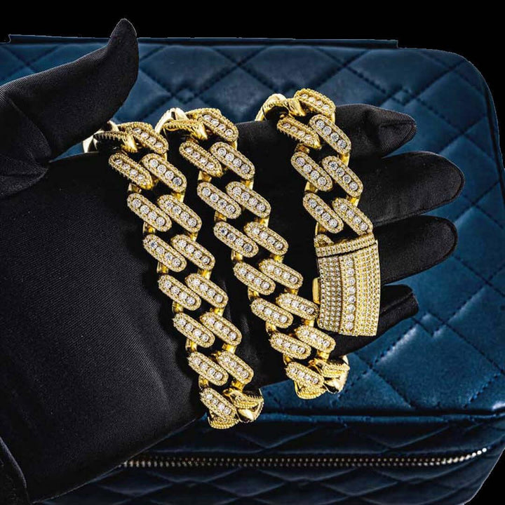 18mm Round Moissanite Cuban Link Chain in 14K Yellow Gold On Hand View