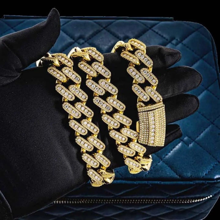 18mm Round Moissanite Cuban Link Chain in 14K Yellow Gold On Hand View