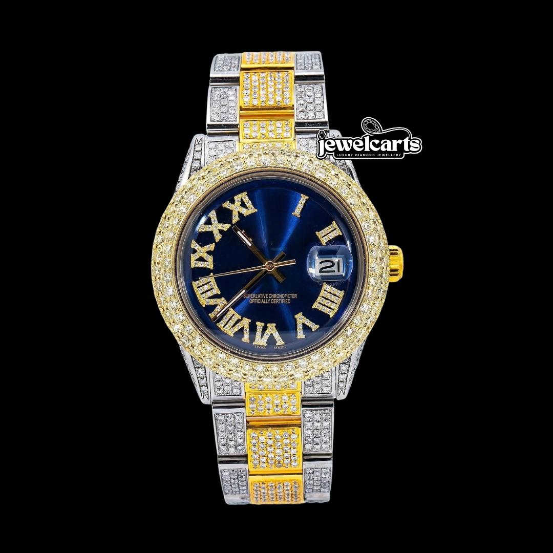 Rolex Datejust Royal Blue Diamond Roman Dial Two Tone Yellow Gold Oyster Bracelet Fully Iced Out Moissanite Watch