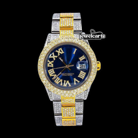 Rolex Datejust Royal Blue Diamond Roman Dial Two Tone Yellow Gold Oyster Bracelet Fully Iced Out Moissanite Watch
