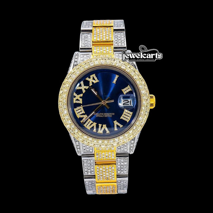 Rolex Datejust Royal Blue Diamond Roman Dial Two Tone Yellow Gold Oyster Bracelet Fully Iced Out Moissanite Watch
