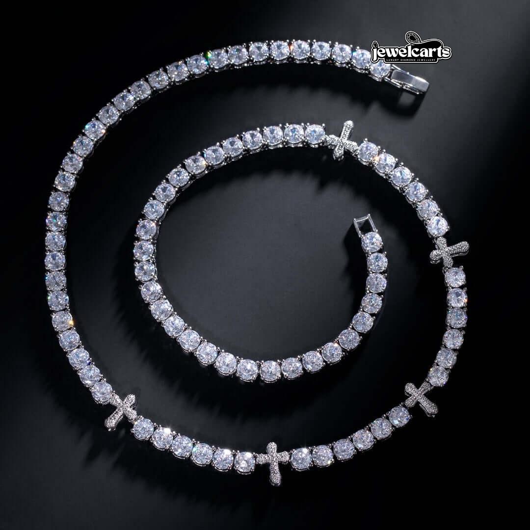Round Moissanite Cross Accent Tennis Necklace in 14K White Gold