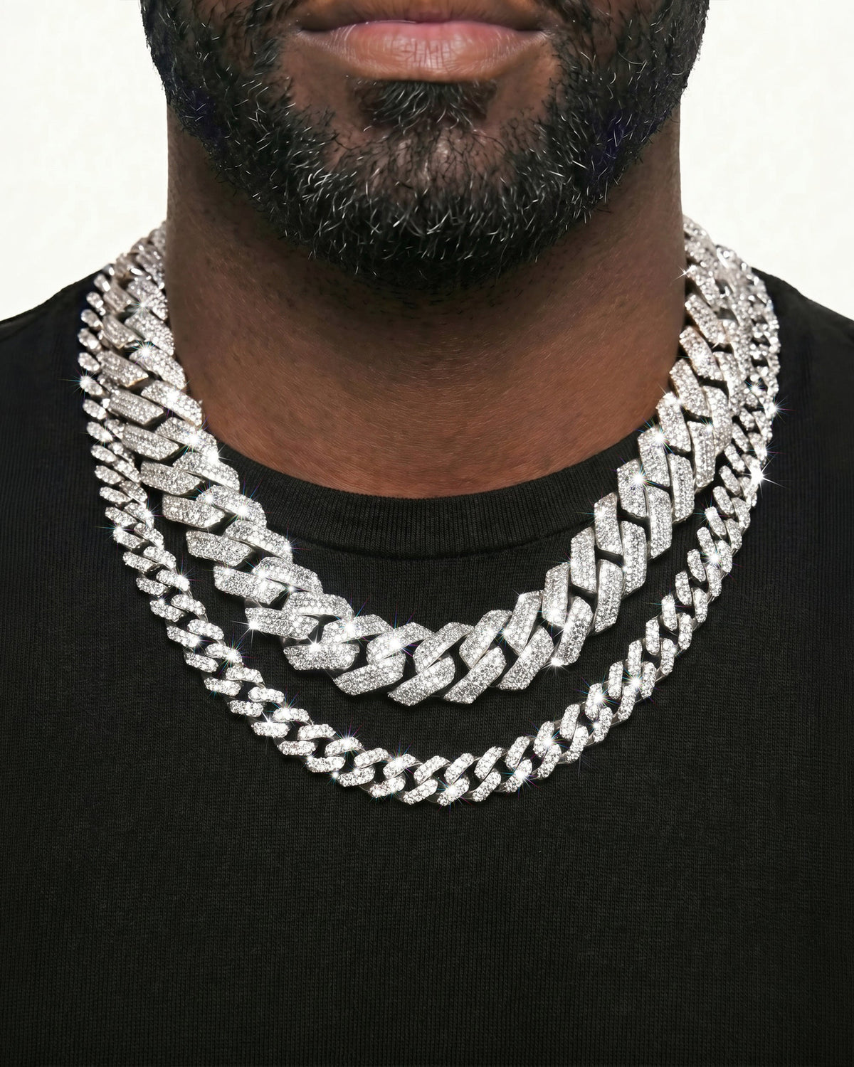 925 Sterling Silver VVS Moissanite Tennis and Cuban Chain Stack