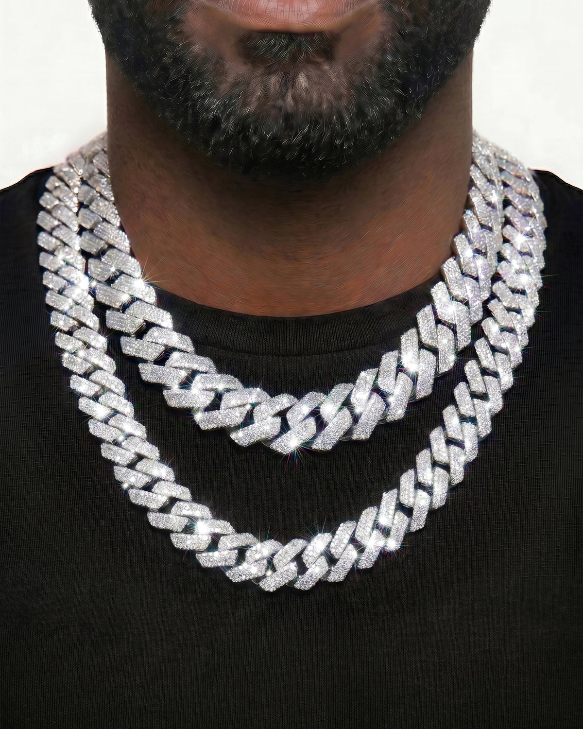 925 Sterling Silver VVS Moissanite Tennis and Cuban Chain Stack