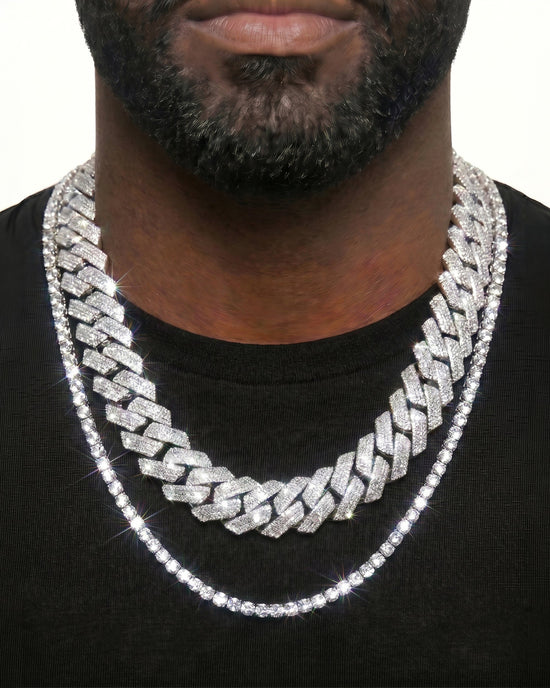 925 Sterling Silver VVS Moissanite Tennis and Cuban Chain Stack