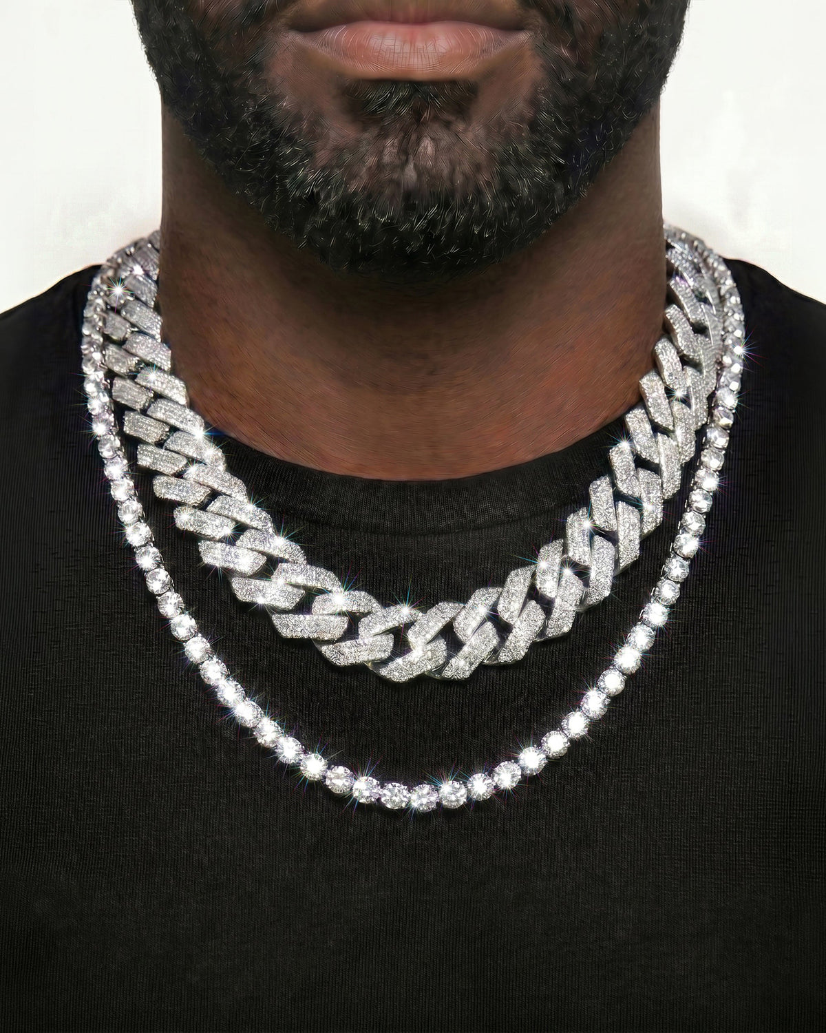 925 Sterling Silver VVS Moissanite Tennis and Cuban Chain Stack