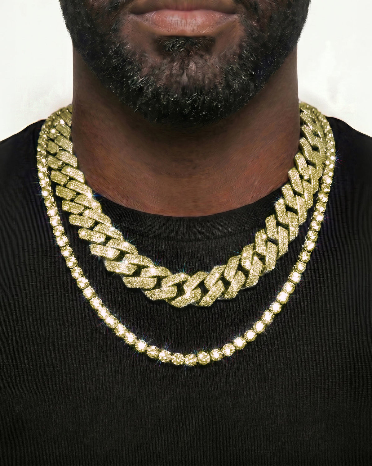 14K Yellow Gold VVS Moissanite Cuban Necklace Stack