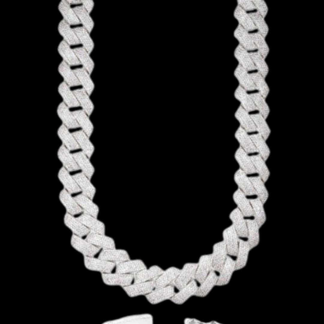 20MM Moissanite Cuban Link Chain and Bracelet Set White Gold Close Up Front View