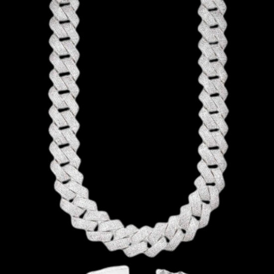 20MM Moissanite Cuban Link Chain and Bracelet Set White Gold Close Up Front View