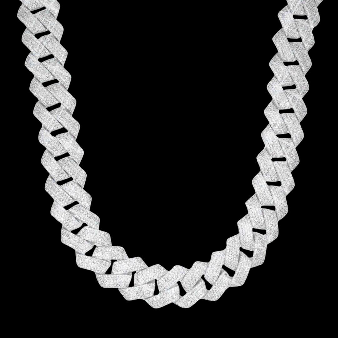 20MM Moissanite Cuban Link Chain and Bracelet Set White Gold Front View