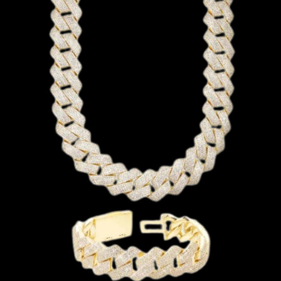 20MM Moissanite Cuban Link Chain and Bracelet Set Yellow Gold Full Set View