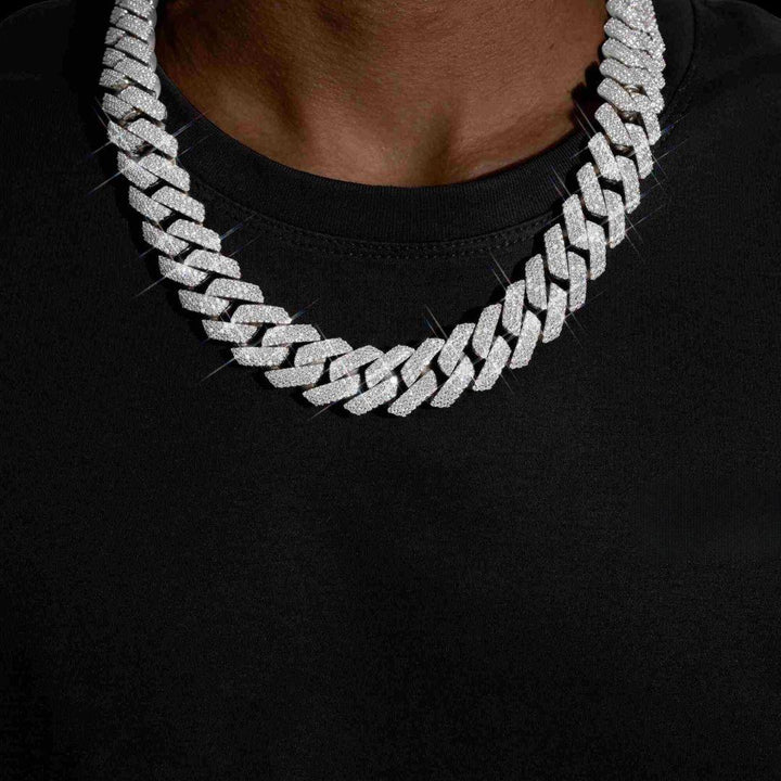 20MM Three Row VVS Moissanite Cuban Chain in 14K Gold Neck View 