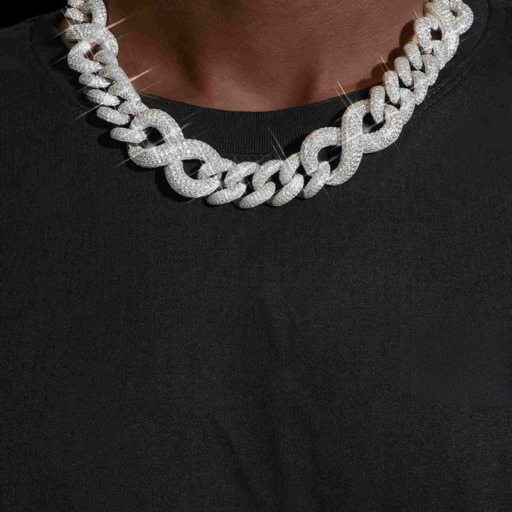 20mm Moissanite Infinity Link Chain in 14K Gold Neck View 