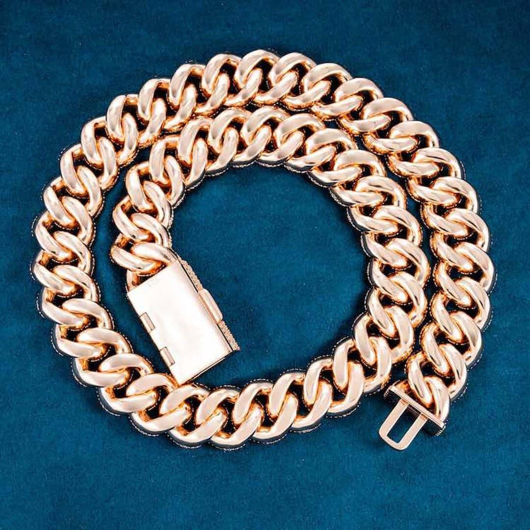 20mm Round Moissanite Cuban Link Chain in 14K Rose Gold Back Side View