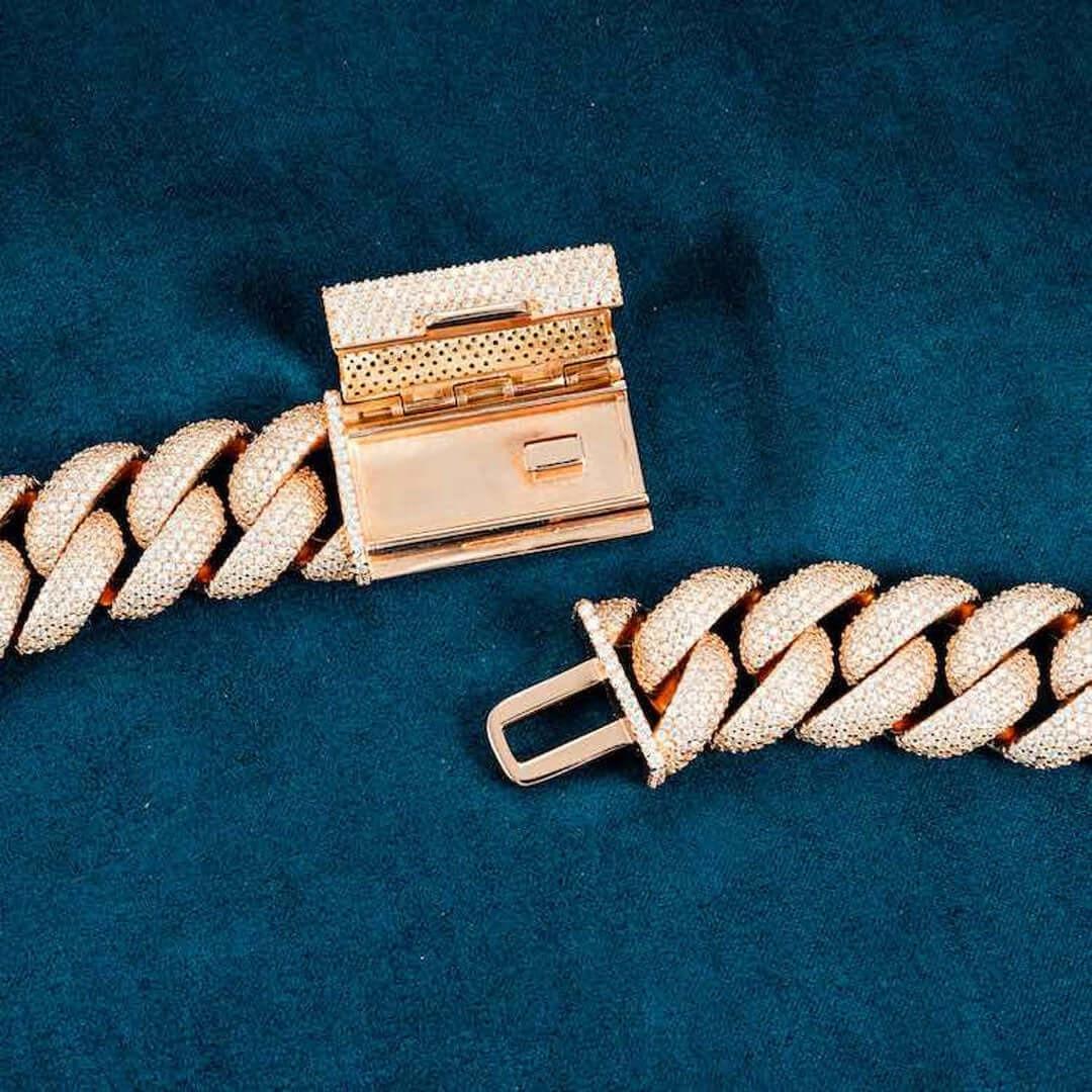 20mm Round Moissanite Cuban Link Chain in 14K Rose Gold Clasp View