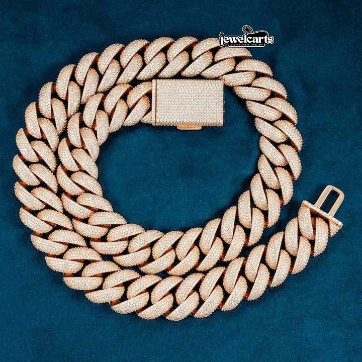 20mm Round Moissanite Cuban Link Chain in 14K Rose Gold Front View