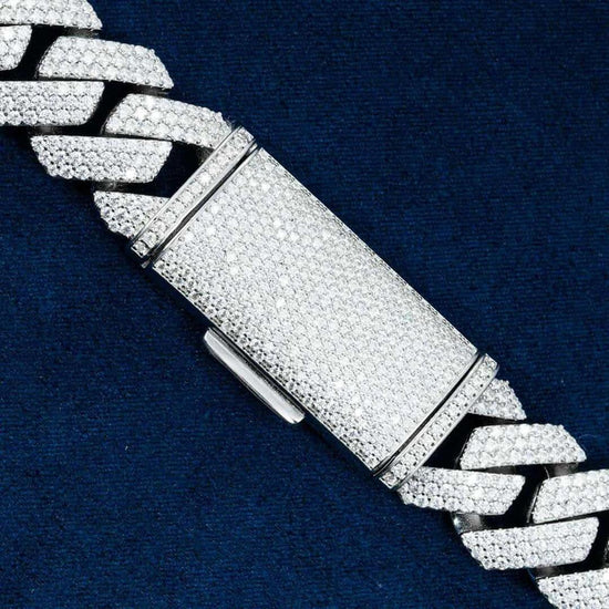 20mm Round Moissanite Cuban Link Chain in 14K White Gold On Clasp View