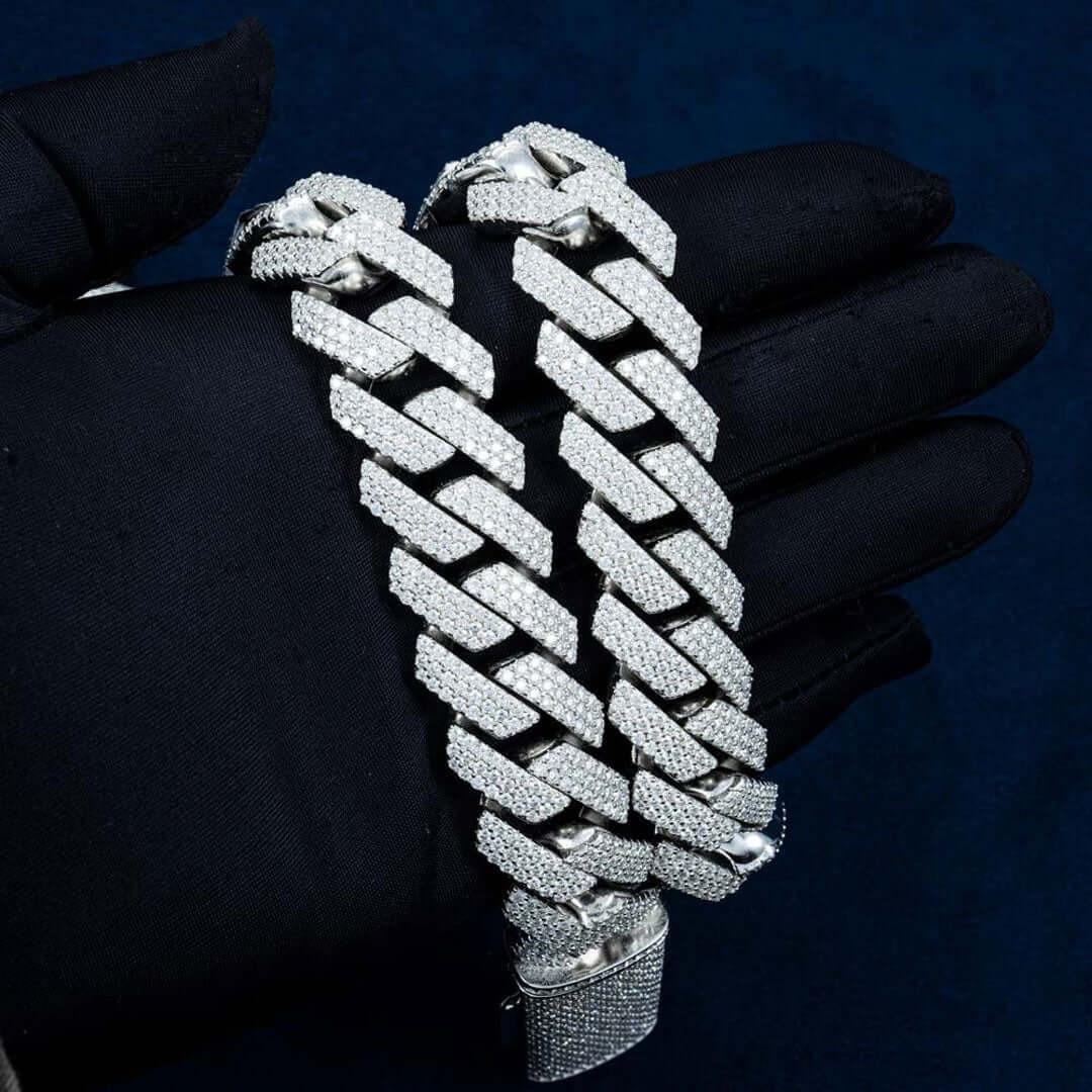 20mm Round Moissanite Cuban Link Chain in 14K White Gold On Hand View