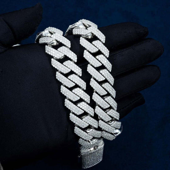 20mm Round Moissanite Cuban Link Chain in 14K White Gold On Hand View