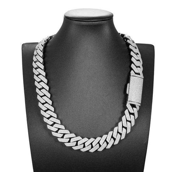 20mm Round Moissanite Cuban Link Chain in 14K White Gold On Neck View 