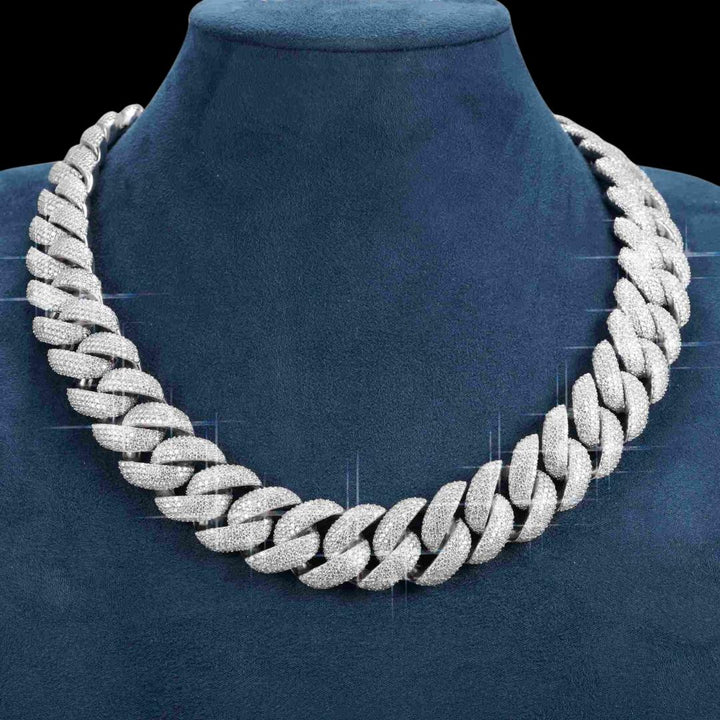 22mm Moissanite 5 Row Miami Cuban Link Chain in 14K Gold Necklace Display