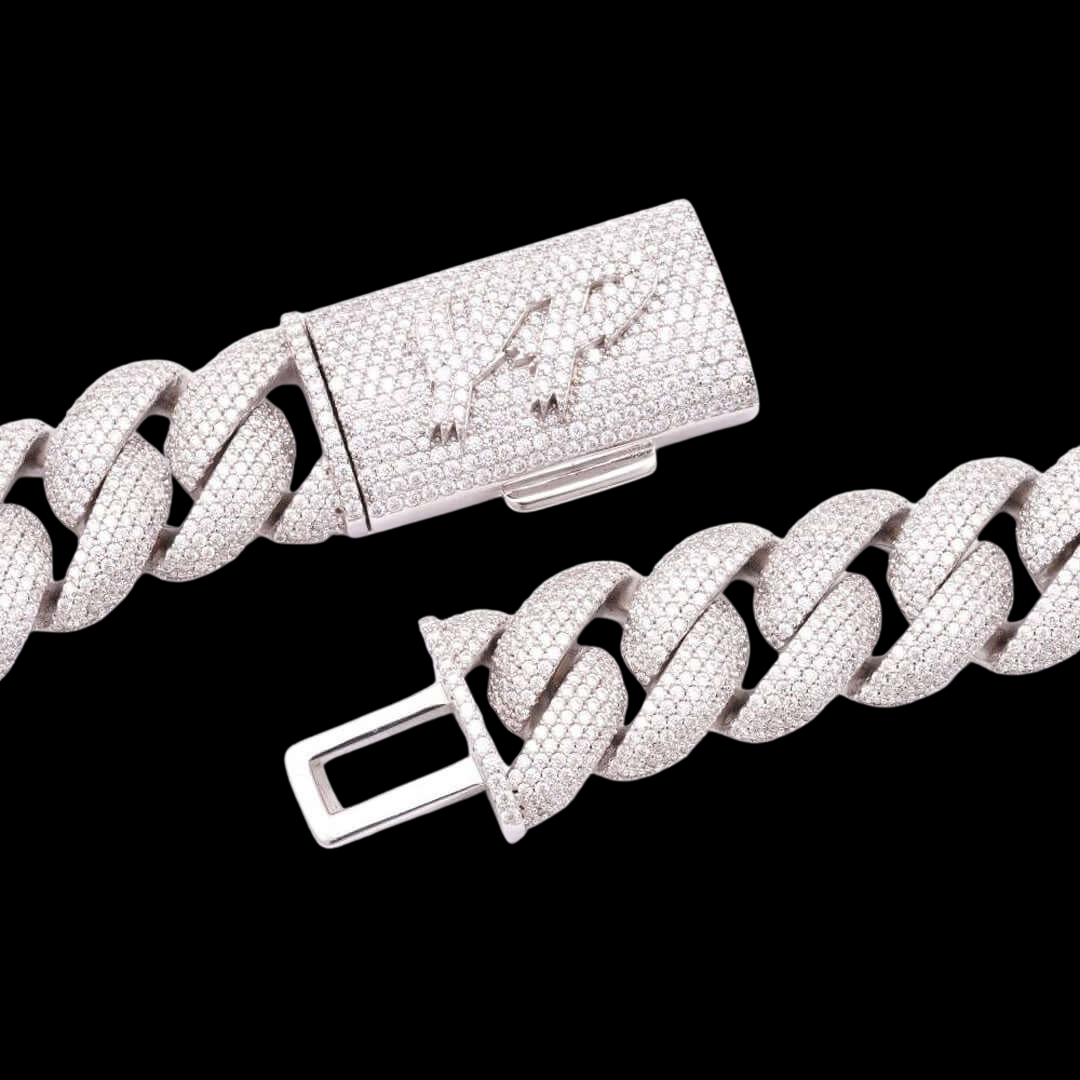 22mm Round Moissanite Cuban Link Chain Gold Twist in 14K White Gold Clasp View