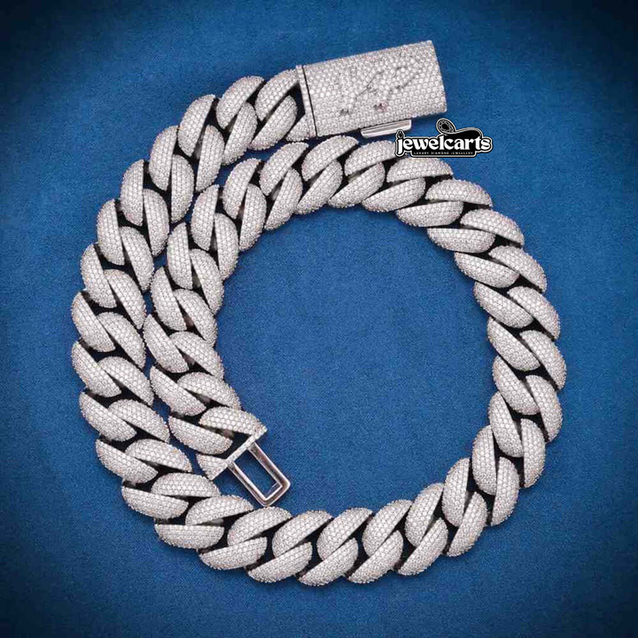22mm Round Moissanite Cuban Link Chain Gold Twist in 14K White Gold Front View