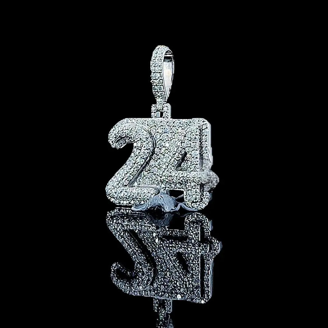 24 Iced Number Moissanite Pendant in 925 Sterling Silver Close Up Front View